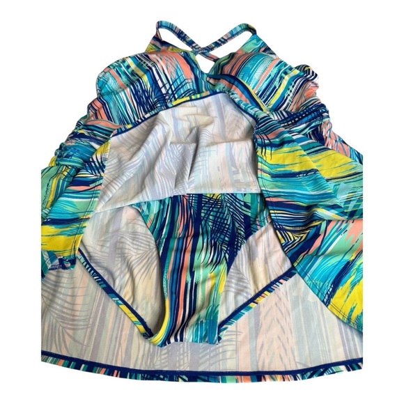 Denim & Co. Beach V-Neck Ruched Waist Swim Dress 22W A634759 Blue Stripe Palm - Picture 3 of 15